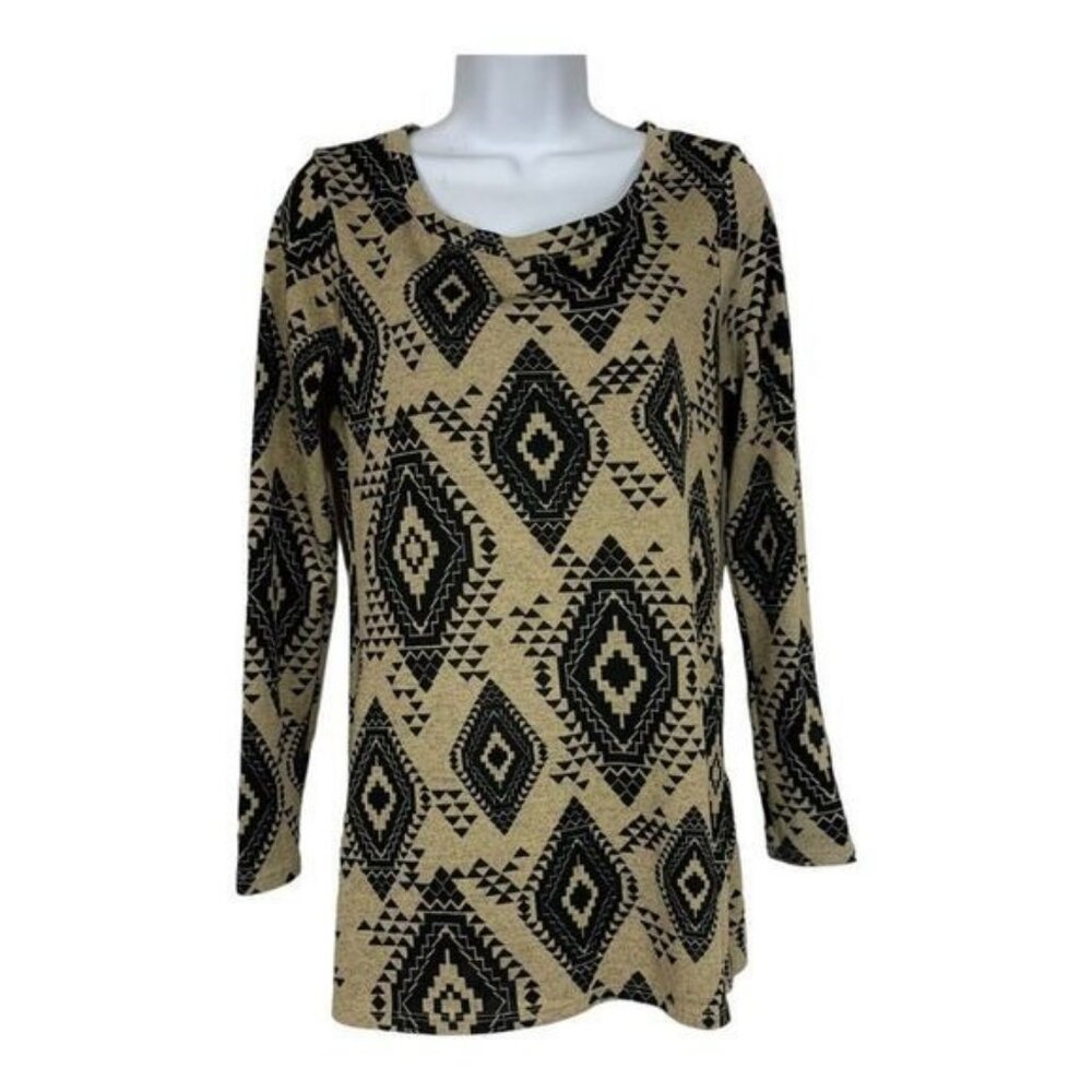 About A Girl Womens Tribal Print Long Sleeve Top L Beige & Black Lightweight USA